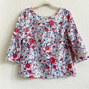J Crew Floral Red White Bell 3/4 Sleeve Blouse Top‎ 100% Cotton Size 8